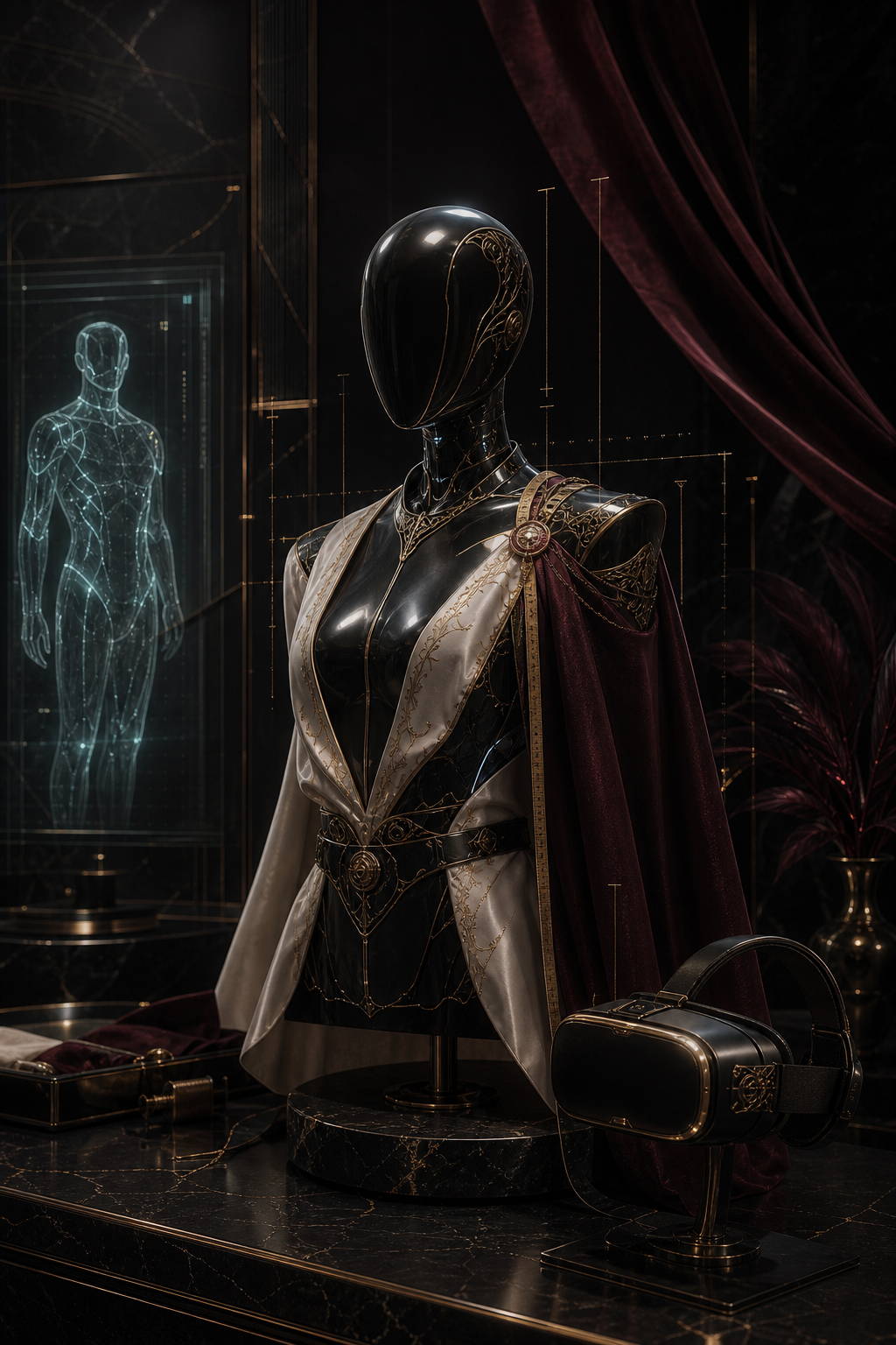A luxury cyberpunk avatar mannequin in a black marble atelier