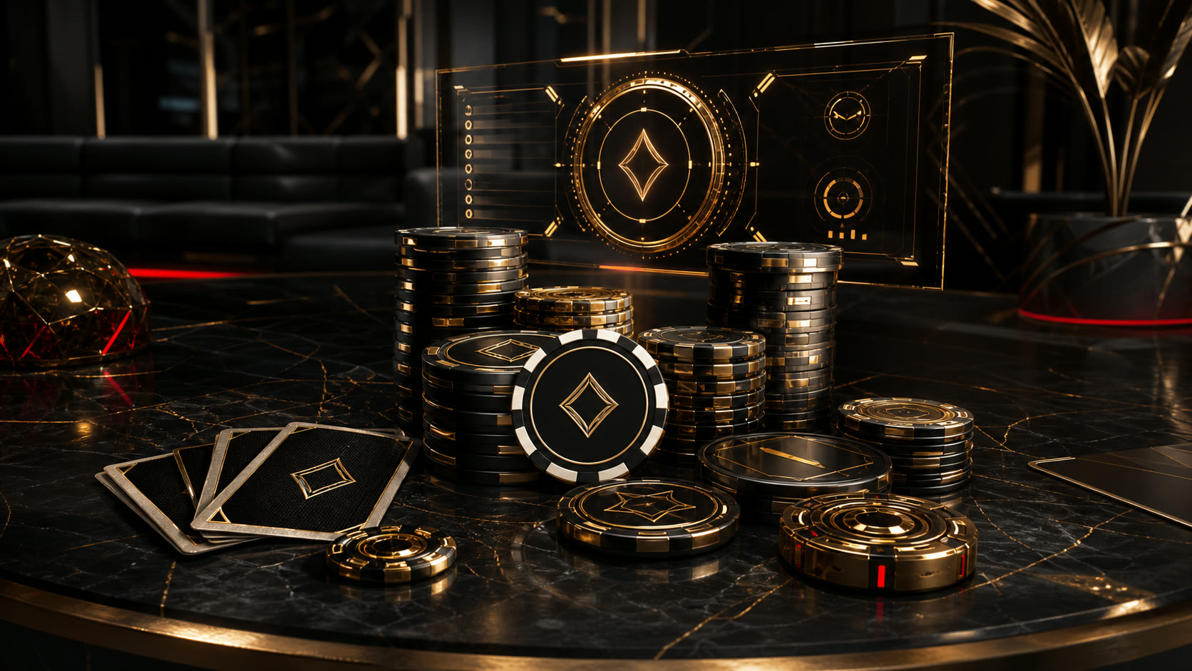 Black and gold VR credit chips on a luxury marble table