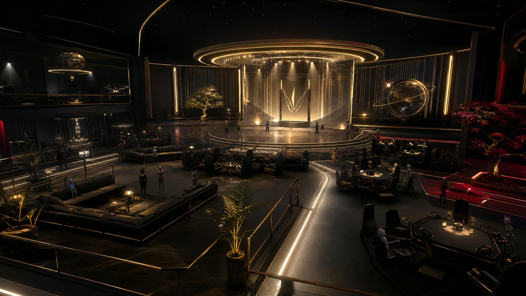 A premium virtual event venue with stage seating and tournament tables