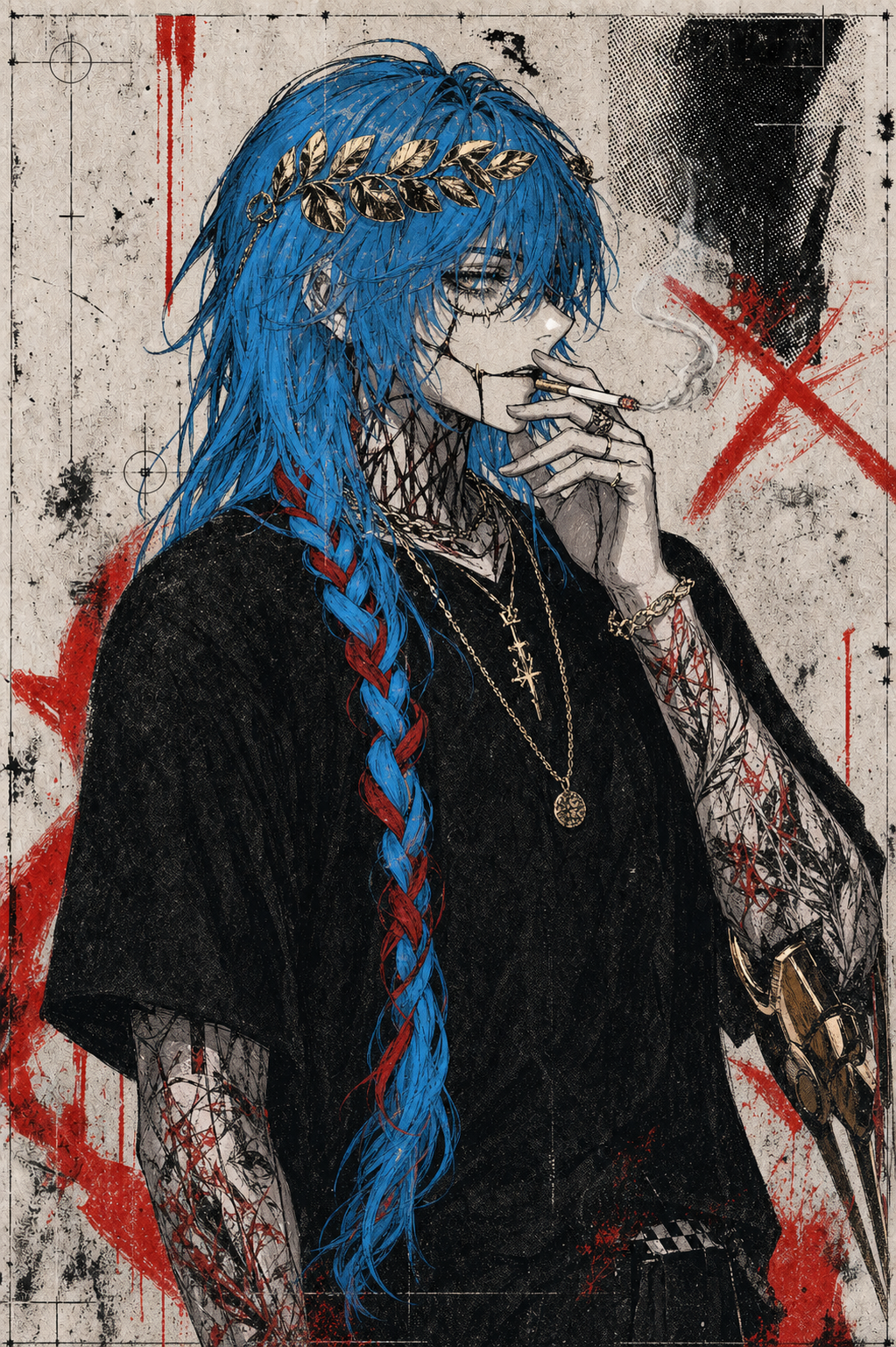 Fenic smoking in a distressed print portrait