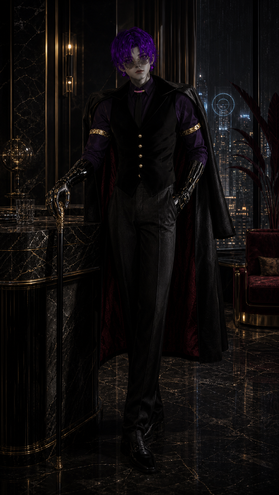 Epsi, a purple-haired formal VR avatar in a black and gold private salon