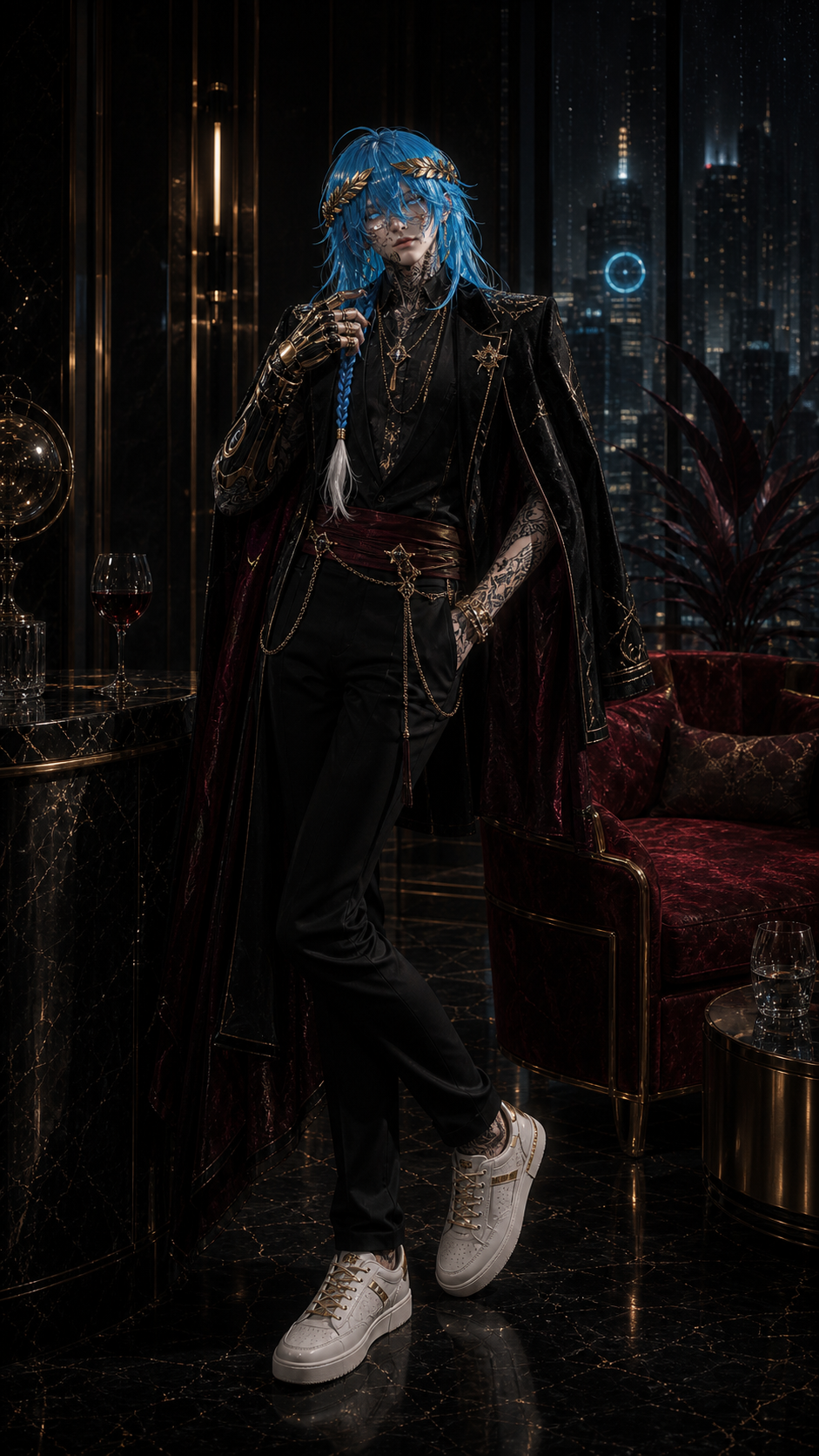 Fenic, a blue-haired high-society VR avatar in black and gold formalwear