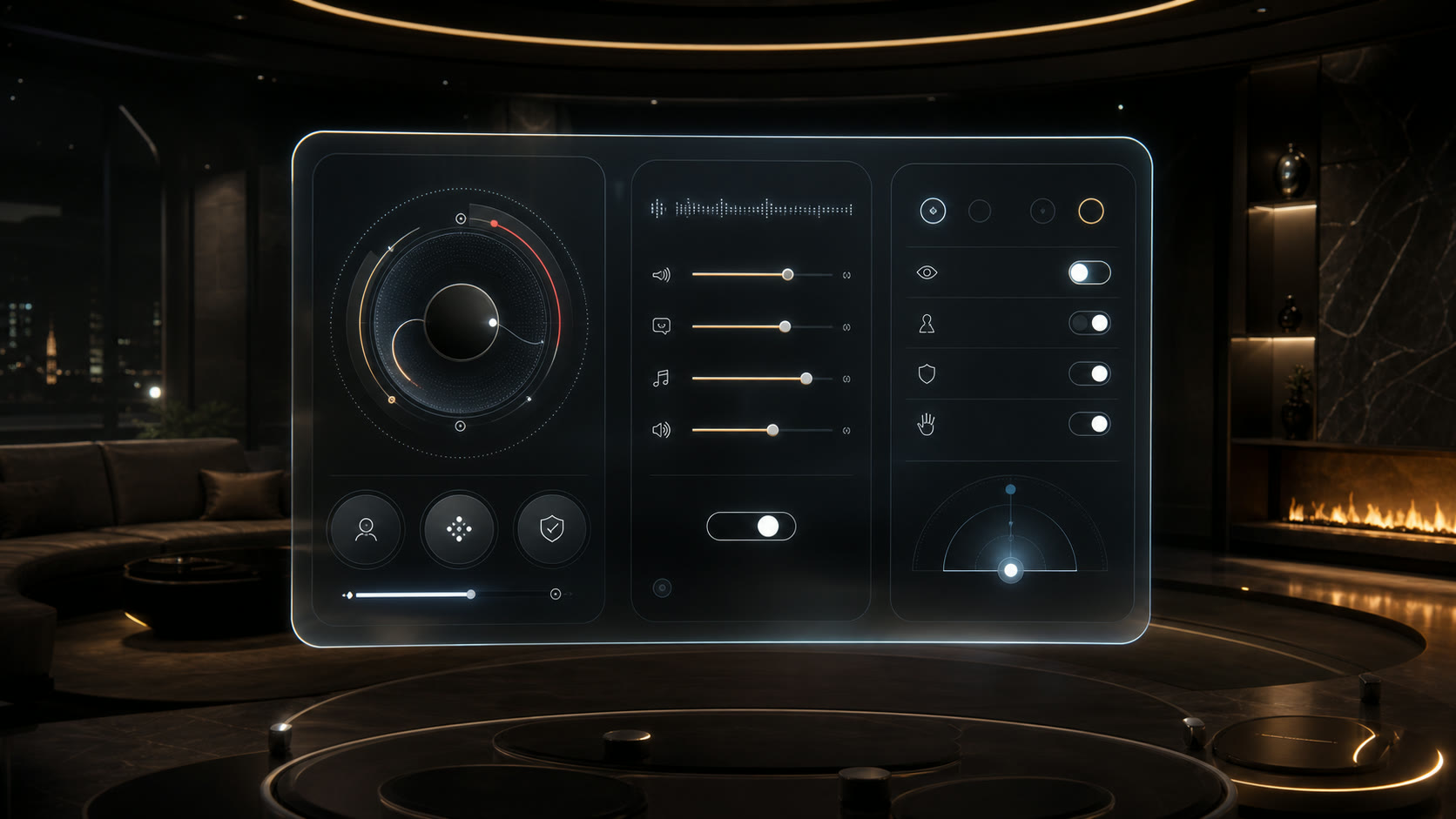 A floating VR settings dashboard in a dark luxury lounge