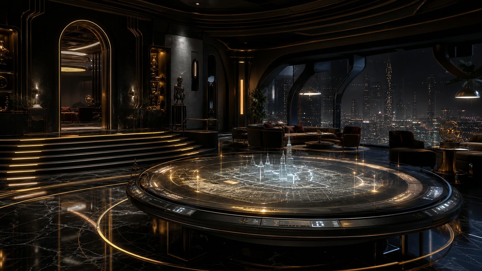 A dark luxury VR observatory lounge with a glowing holographic world map
