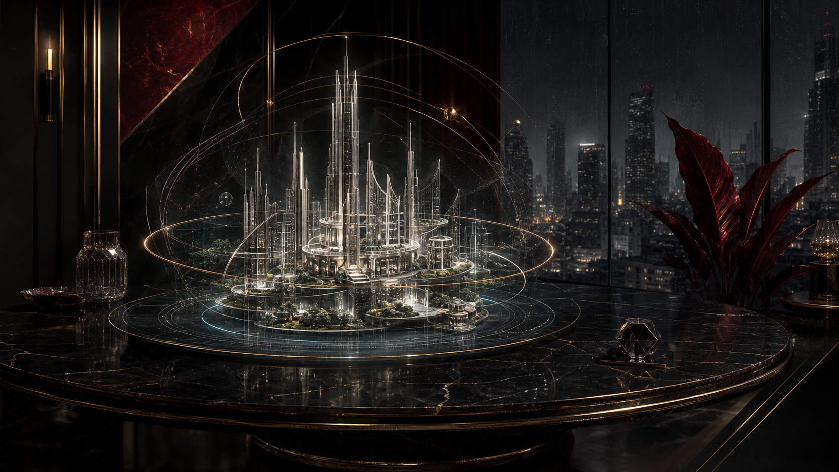 A private holographic virtual city displayed on a black marble table